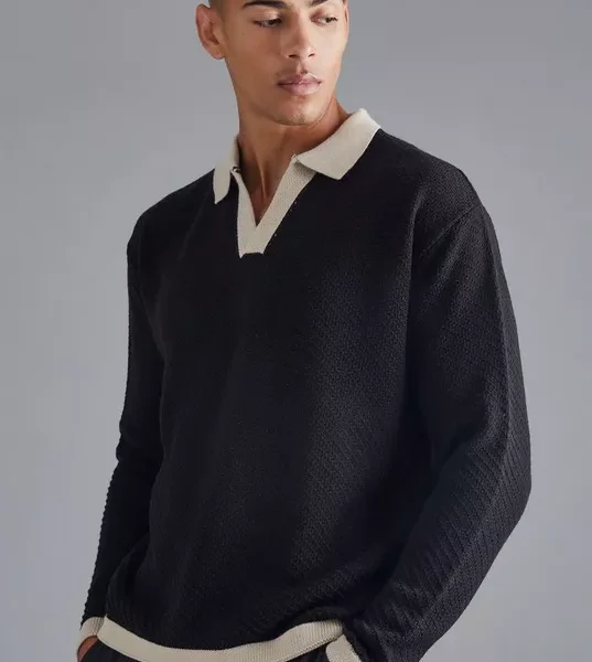 Long Sleeved Oversized Contrast Collar Knitted Polo