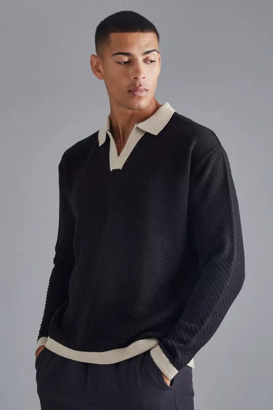 Long Sleeved Oversized Contrast Collar Knitted Polo