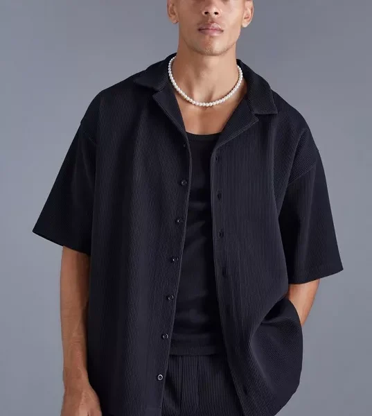 Short Sleeve Revere Oversized Fit Pleated Shirt