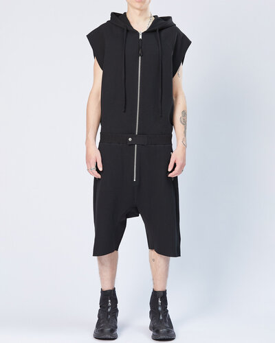 WAFFLE KNIT DROP CROTCH SLEEVELESS HOODED JUMPSUIT